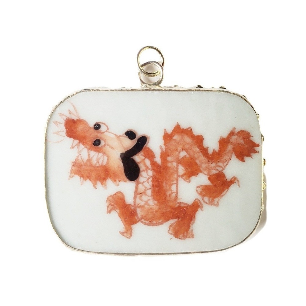 Vintage Hand Painted Chinese Dragon Pendant Orange White Pottery Shard Jewelry